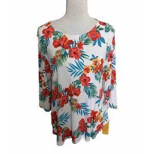 Ruby Rd Tropical Top Size PL Petite Red Hibiscus 3/4 Sleeve Pullover Hawaiian